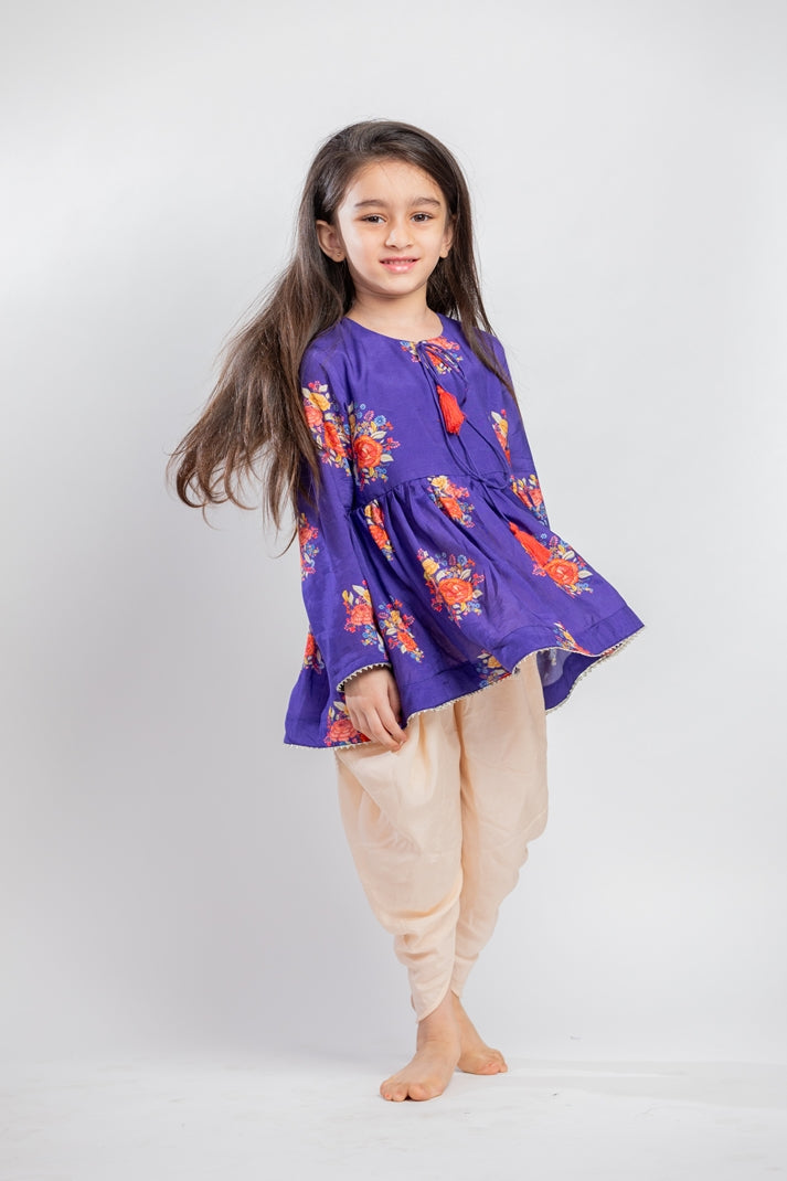 PURPLE BIG FLORAL GATHERED KURTA SET