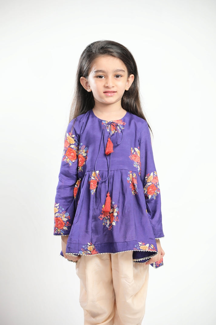 PURPLE BIG FLORAL GATHERED KURTA SET