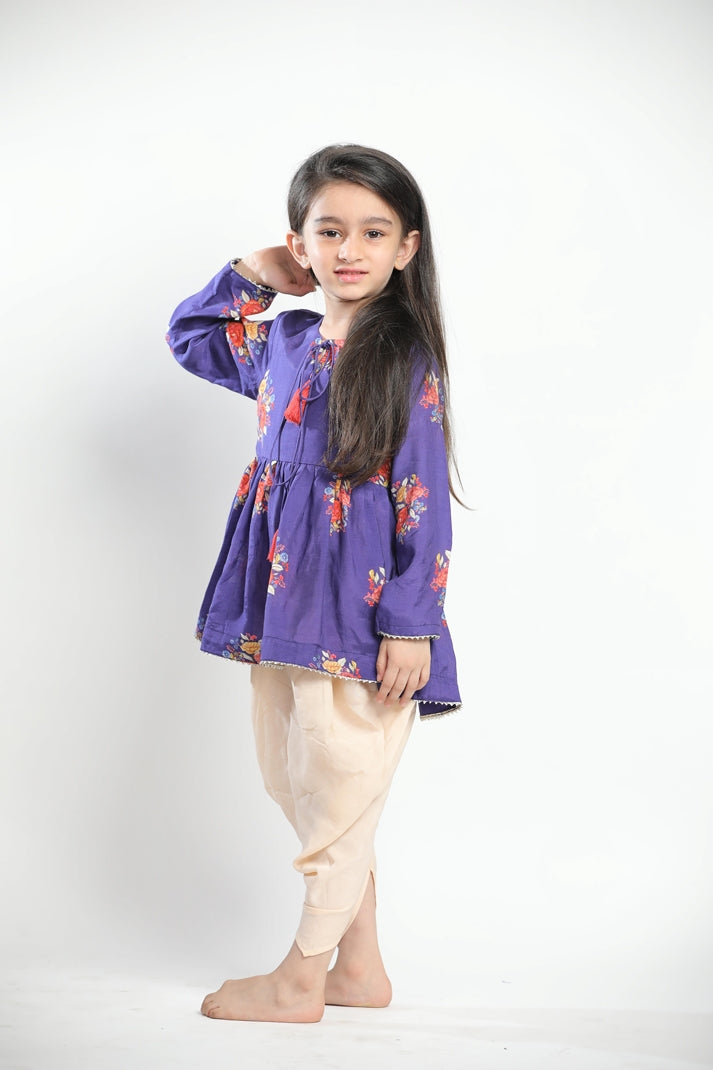 PURPLE BIG FLORAL GATHERED KURTA SET